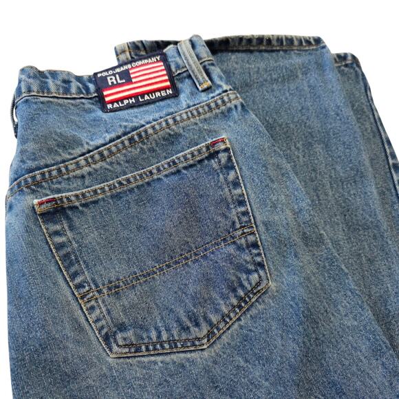 Ralph Lauren Polo Jeans Vintage 1990's Mens 34x34 American Flag Patch Blue Boot - Picture 1 of 7